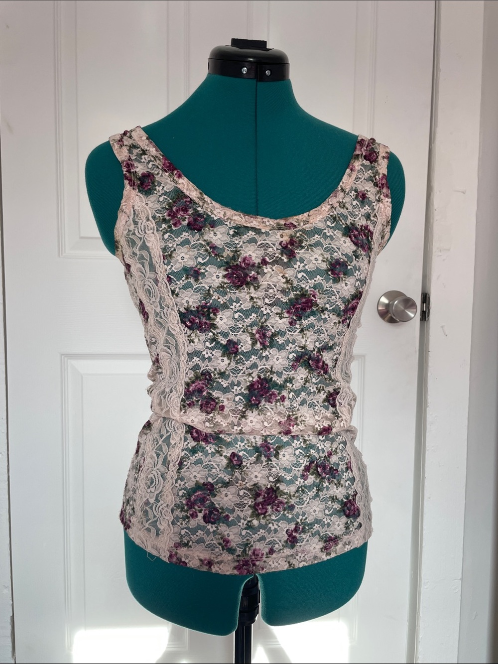 FANG Cream Lace Tank with Pink and Purple Floral Print